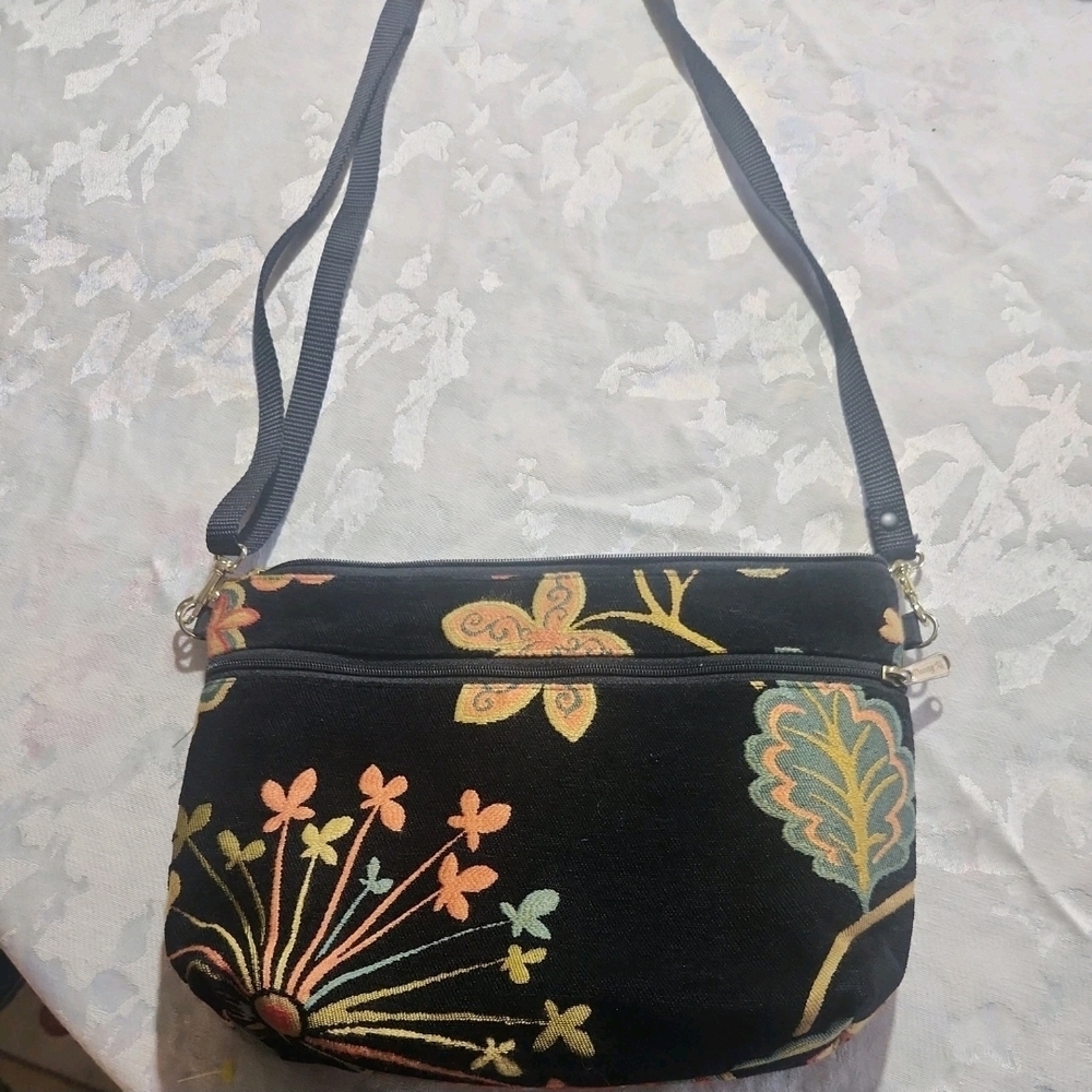 Floral Embroidered Black Crossbody Bag